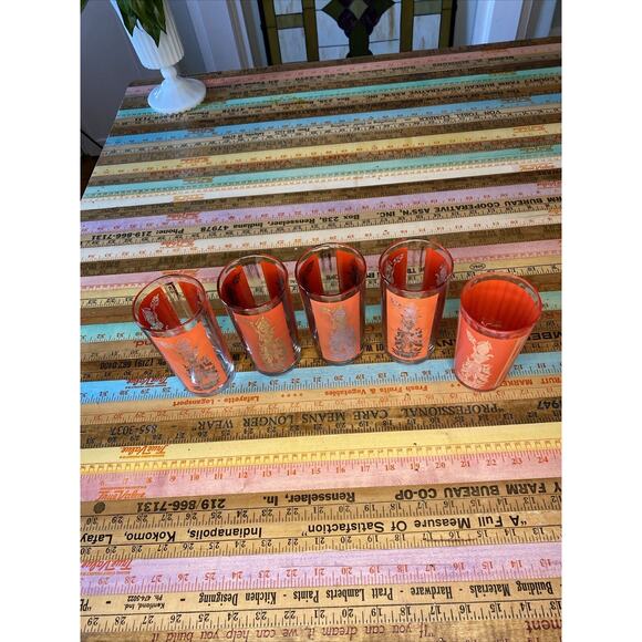 Thai Goddess Glass Mid Century Modern Retro Bar Set of 5 Asian MCM Red Some Wear - Picture 5 of 12